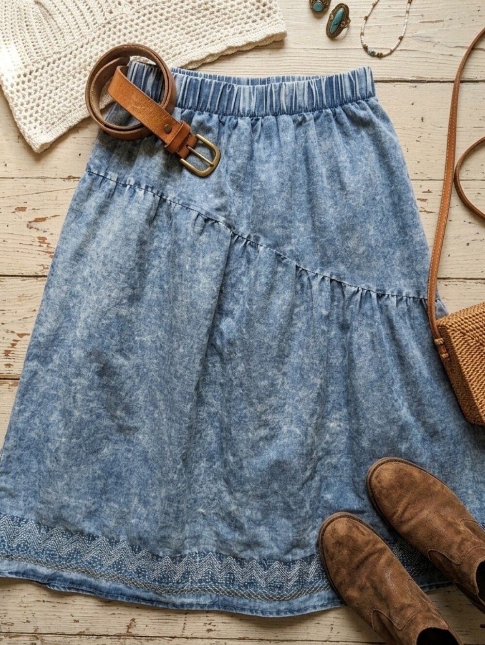 Lapis Washed Light Denim-Style Midi Skirt
